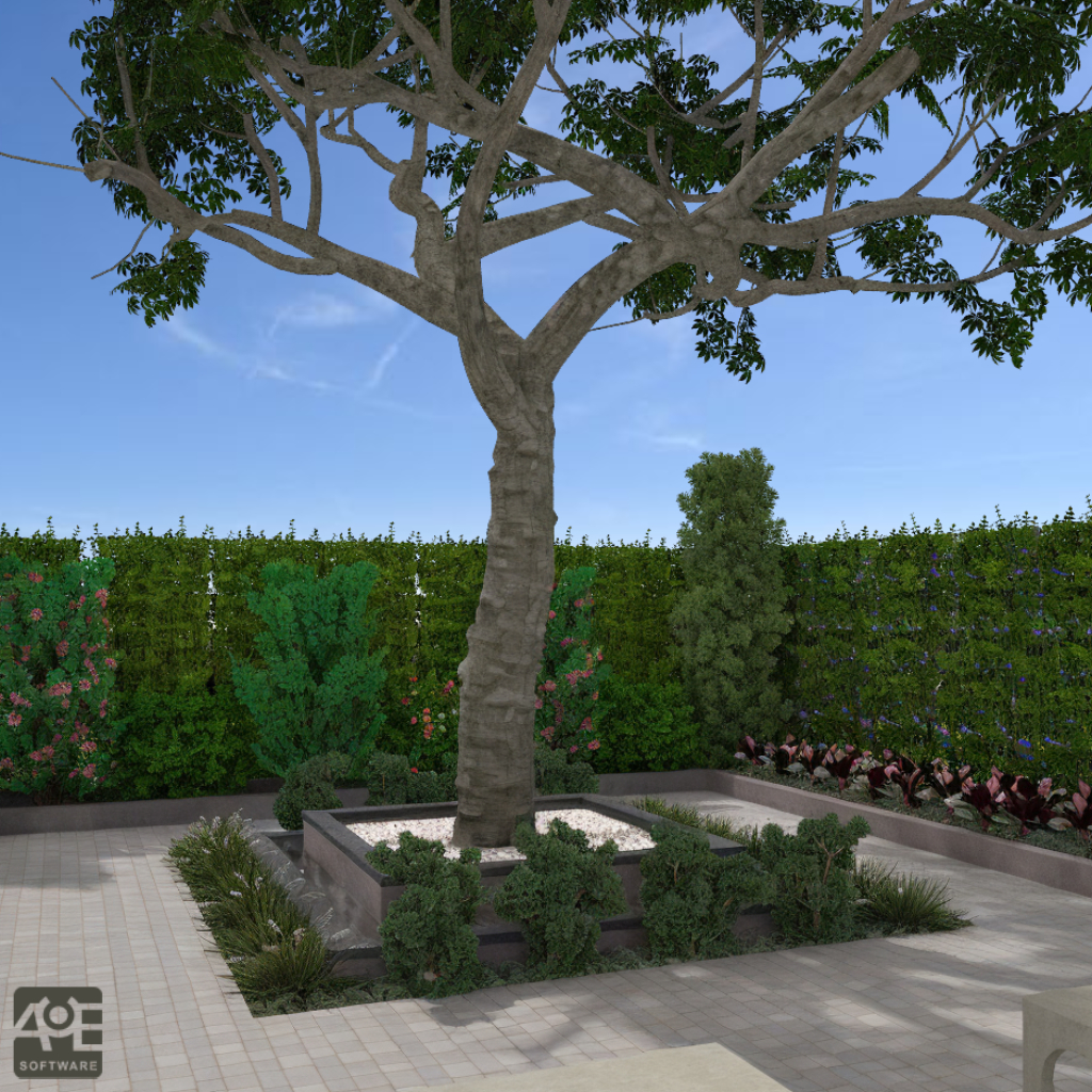 Espacio paisajístico urbano que combina sombra, elegancia y armonía natural.