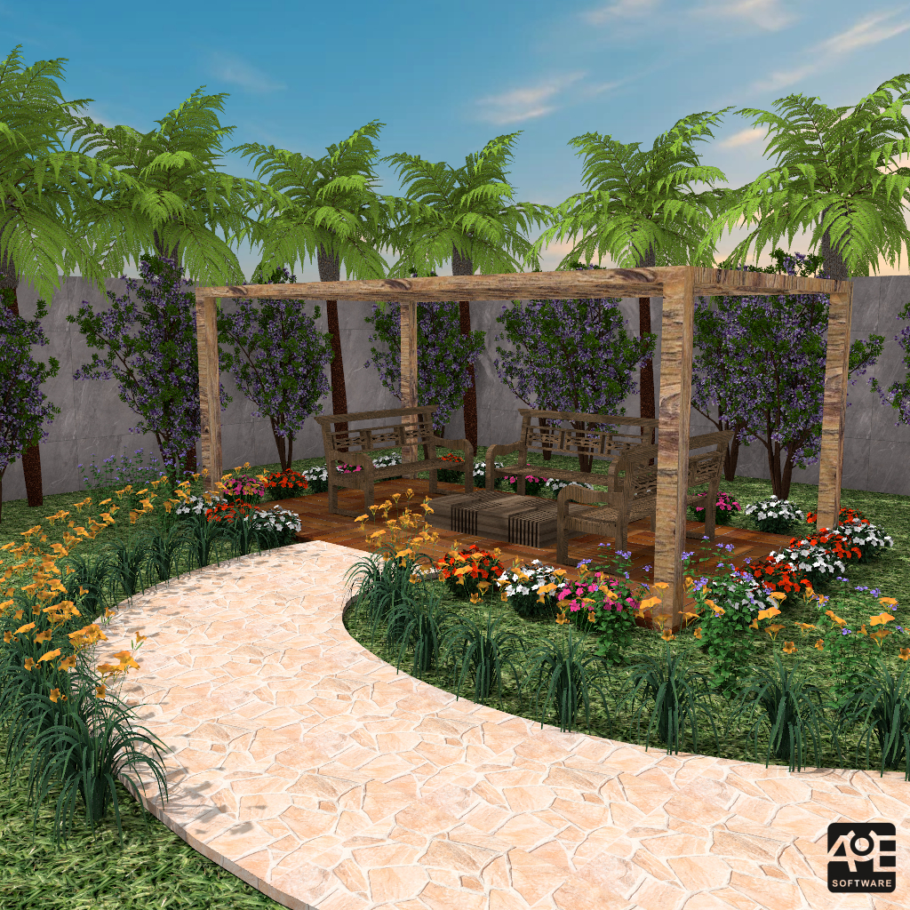 Jardim integrado ao lazer, com caminhos sinuosos, pergolado e áreas de estar que promovem convivência e bem-estar diário.