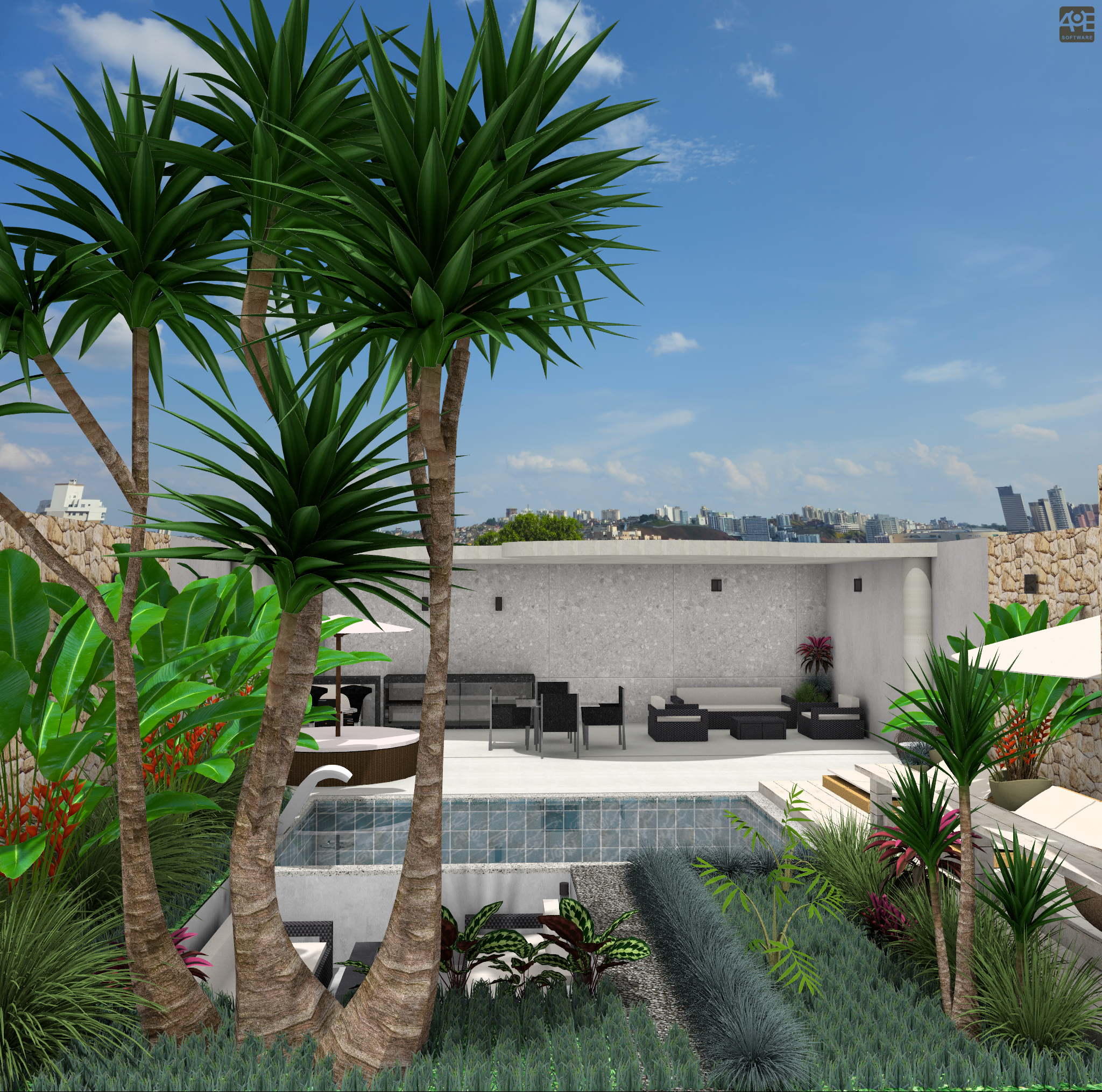 Composição paisagística que valoriza o conforto, a naturalidade e a integração entre espaço construído e vegetação