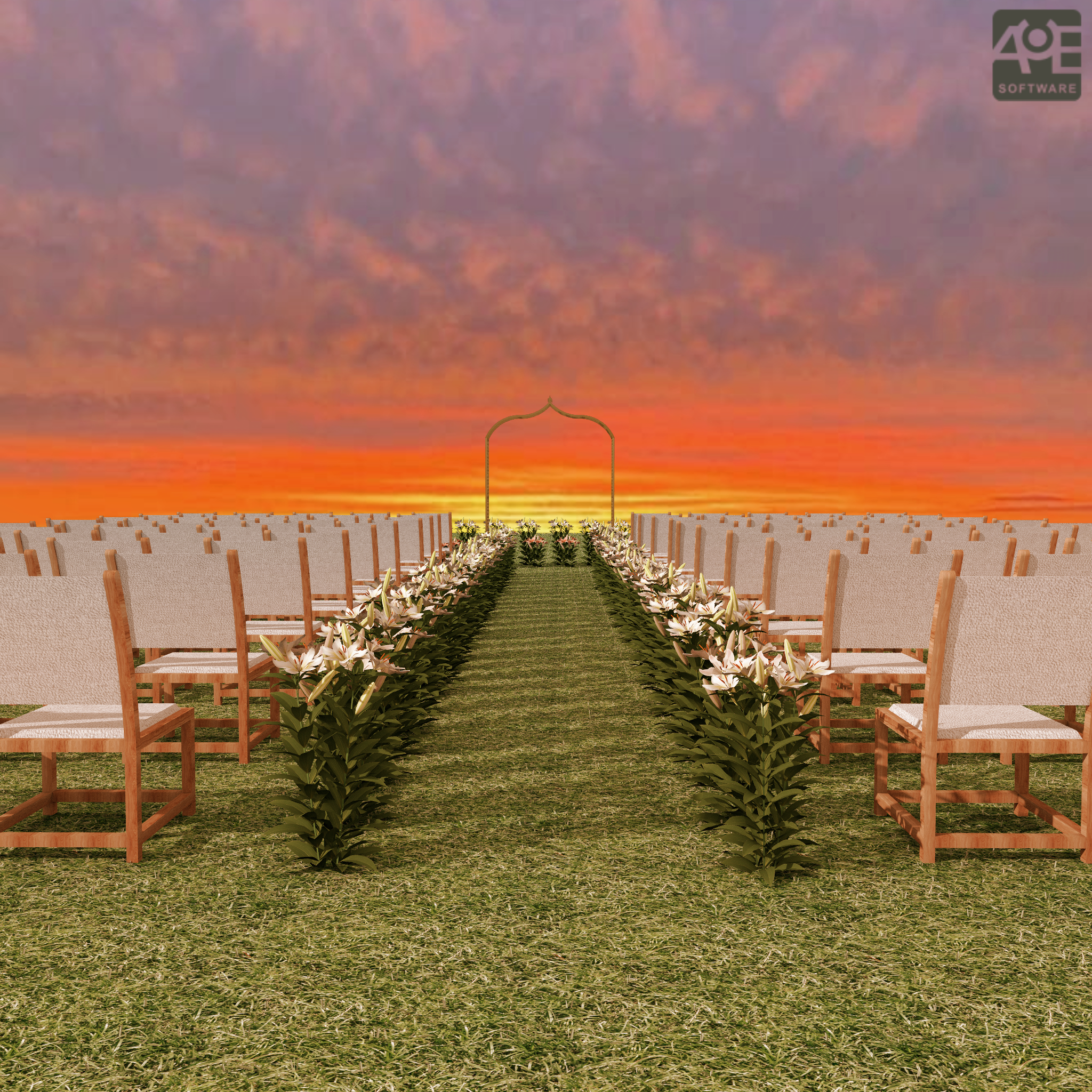 Escenario de boda al atardecer, con un pasillo de lirios que conduce al altar, creando un ambiente elegante, natural y acogedor.